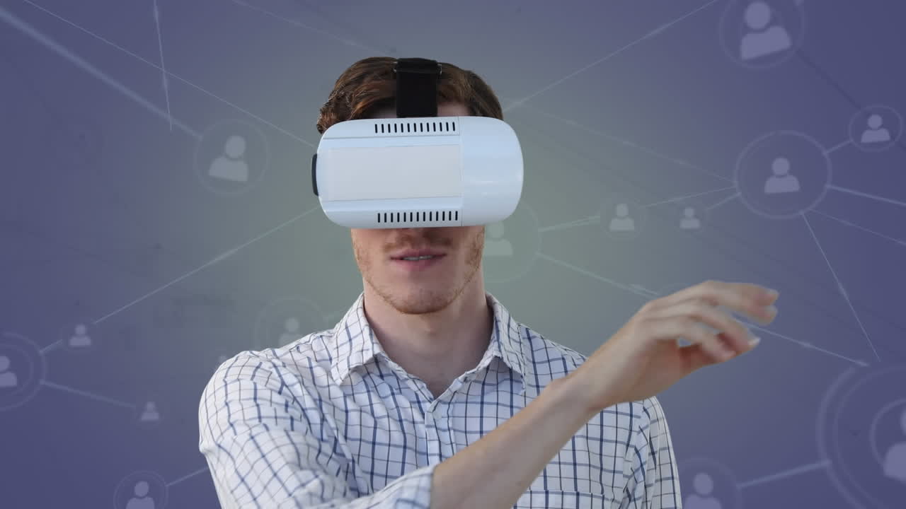 animación de un hombre de negocios con auriculares vr y redes de conexiones sobre fondo azul