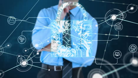 animación de la red de conexiones con iconos, candado digital y hombre de negocios