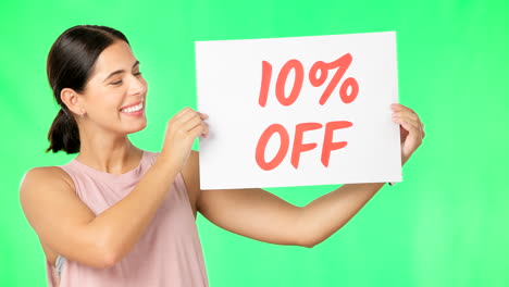 Portrait,-woman-and-sale-sign-on-green-screen