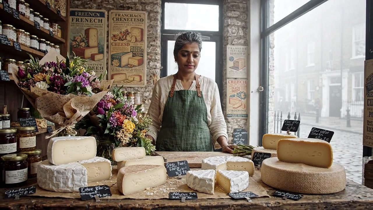 Um Queijeiro Exibe Queijos Artesanais com Flores Frescas em um Encantador Mercado, Destacando o Artesanato dos Produtores de Laticínios Locais