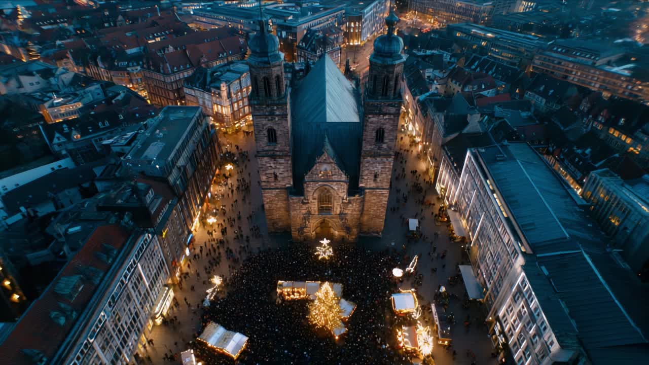 Aerial View of a Festive City Square at Night Featuring a Beautifully Decorated Christmas Tree Surrounded by Crowds, Twinkling Lights, and Historic Architecture in a Charming Urban Setting