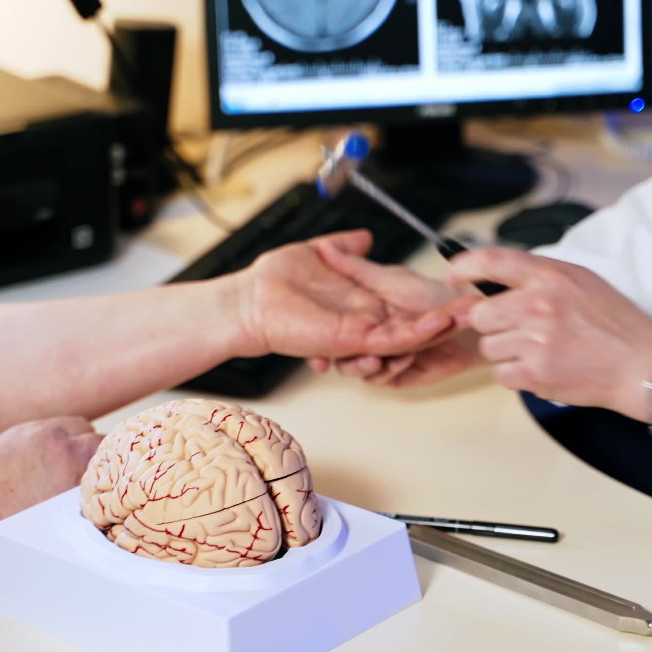Neurology specialist holding the patient's arm using the special hammer. Doctor shows the lines on the man's hand
