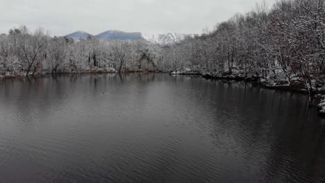 Superficie-De-Agua-Fría-Del-Lago-Que-Refleja-árboles-Cubiertos-De-Nieve-Blanca,-Día-De-Invierno