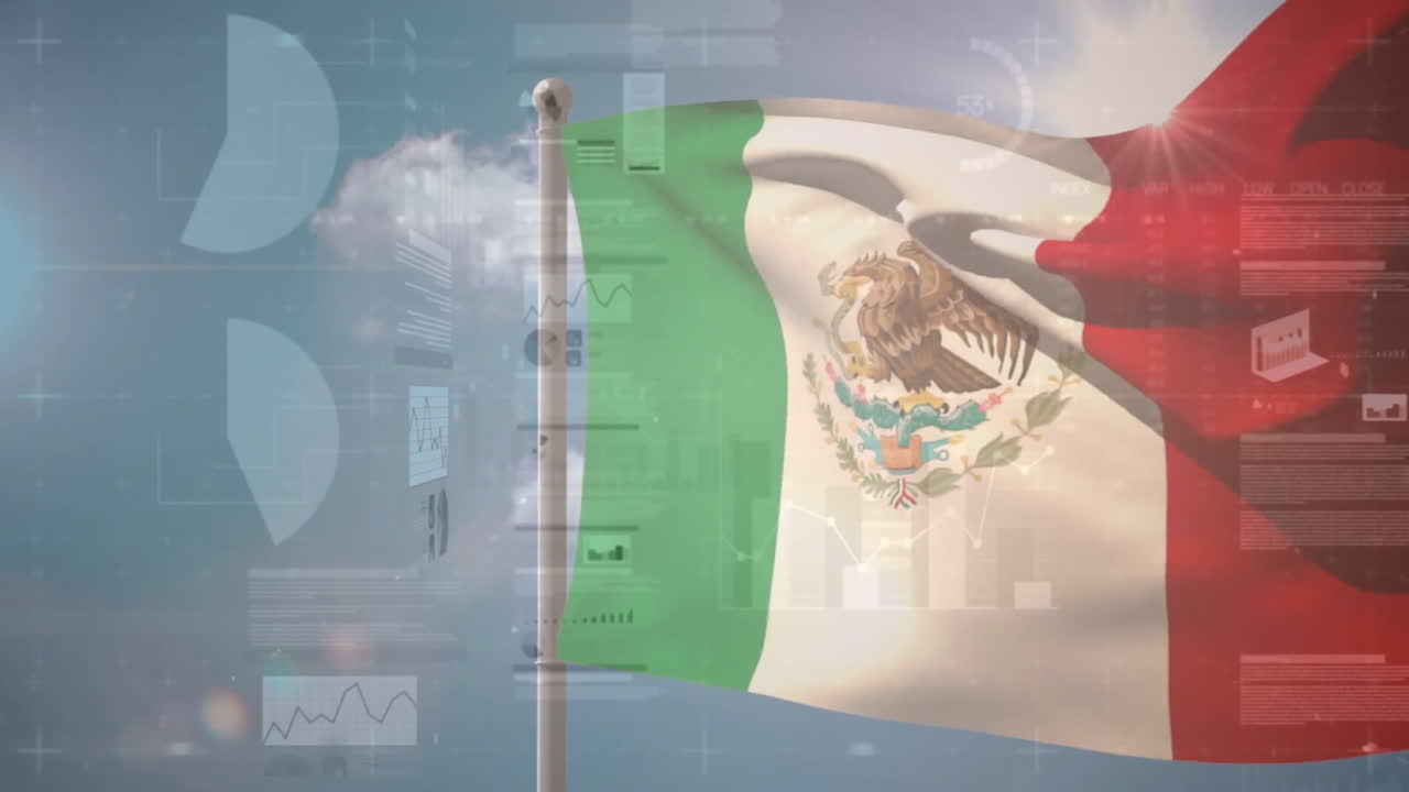 Waving Mexican flag with animation of data processing graphics in background