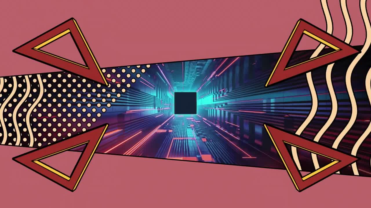 Animation of triangles, dots and wave patterns against futuristic tunnel in background