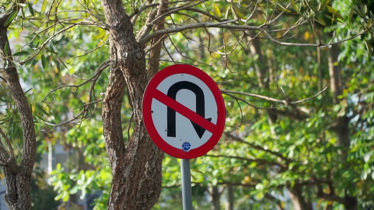 señal de tráfico u-turn prohibido con árboles en el fondo