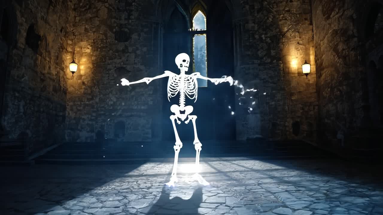 드라마틱한 빛의 광선으로 무서운 중세 홀에서 활기찬 애니메이션 골격 춤. 어고 무서운 환경에서 유령, 역사적인 분위기