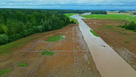 reclamation ditch overflooded with rain water, aerial drone view