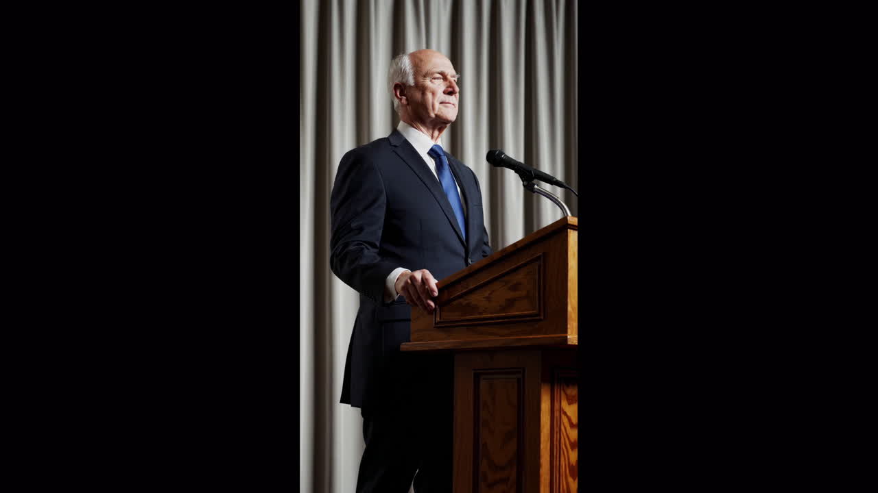 Elderly Man Giving a Speech at a Podium
