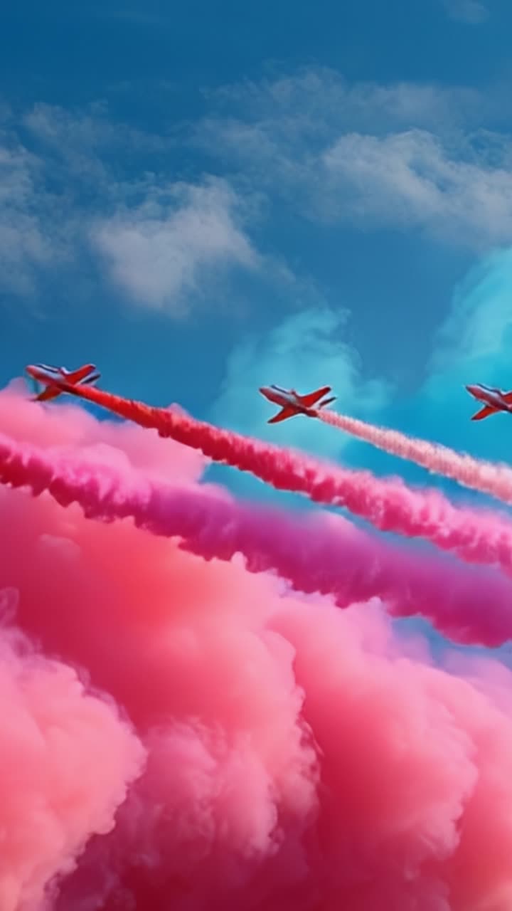 Spettacolare esibizione aerea con scie di fumo colorate da aerei contro un cielo sereno, che cattura la bellezza dinamica del volo e l'espressione artistica.