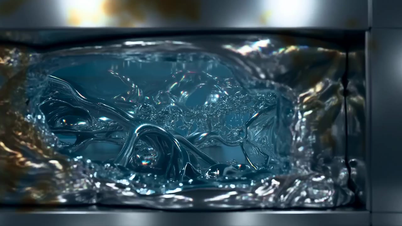 Close-up view shows reflective liquid inside rectangular stainless steel tank as surface sinks inward around central cavity, creating ripples, folds, mirrored highlights, and sterile industrial mood