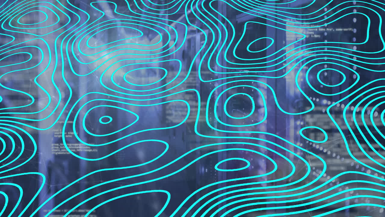 Animation of data processing over server room and shapes