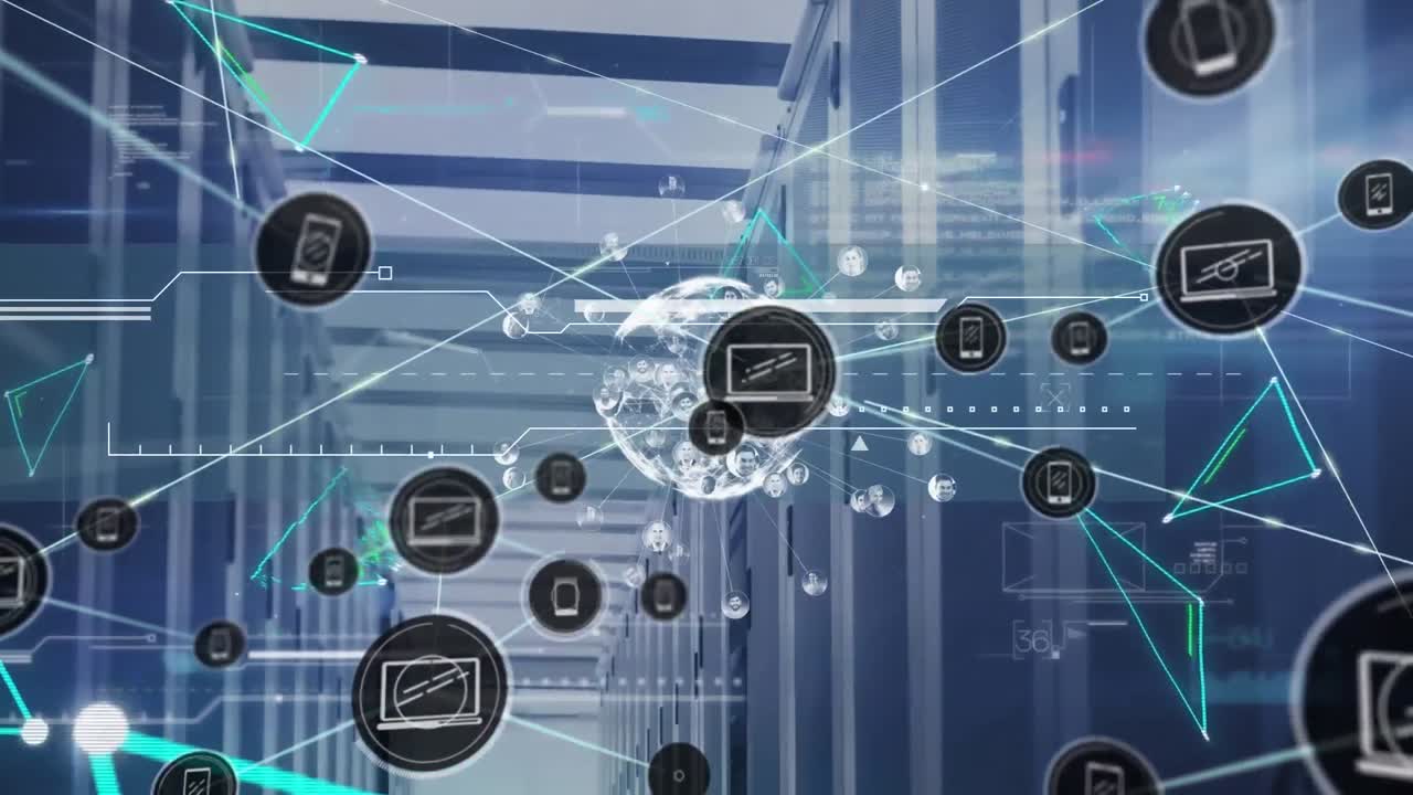 Animation of connected icons, profile pictures around globe, triangles over server room