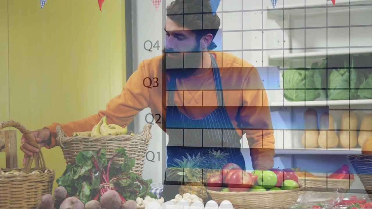 Animation af finansielle grafer over glad kaukasisk mandlig sælger i dagligvarebutik