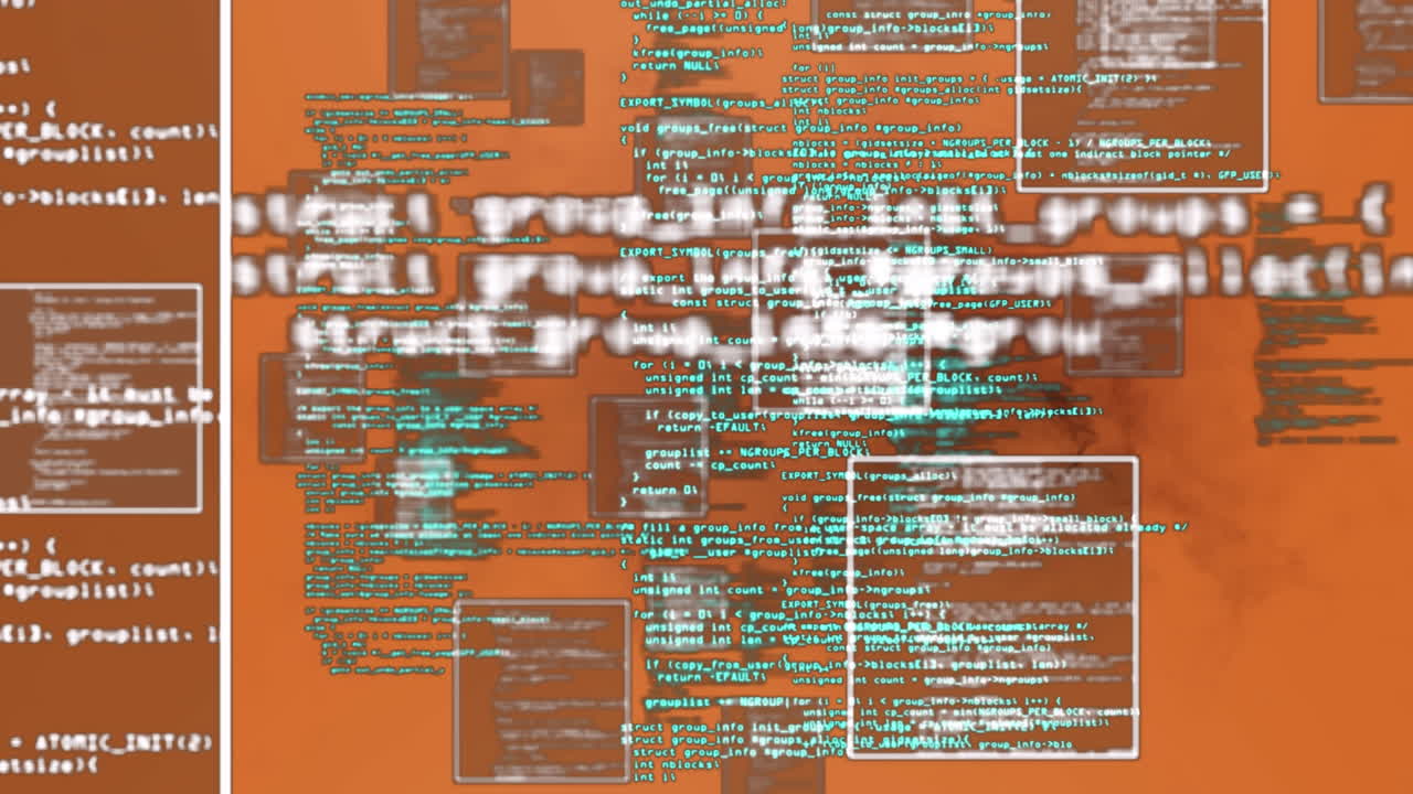 animación digital del procesamiento de datos y múltiples formas cuadradas flotando contra un fondo naranja