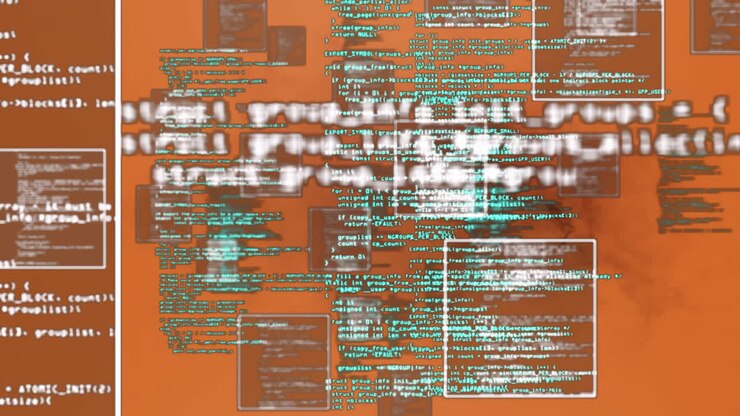 Digital animation of data processing and multiple square shapes floating against orange background