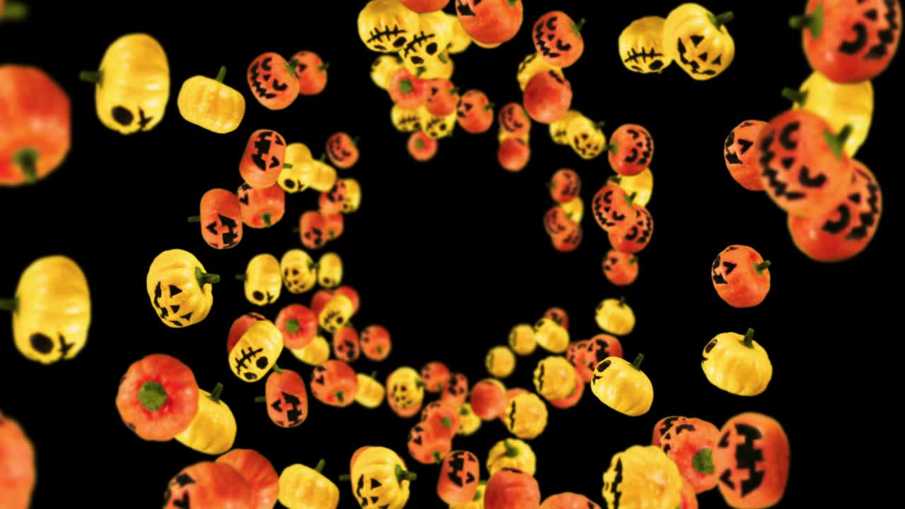 Flying many orange and yellow pumpkins on black background. Cartoon faces with smile. 3D animation for the holiday Halloween. Loop animation.