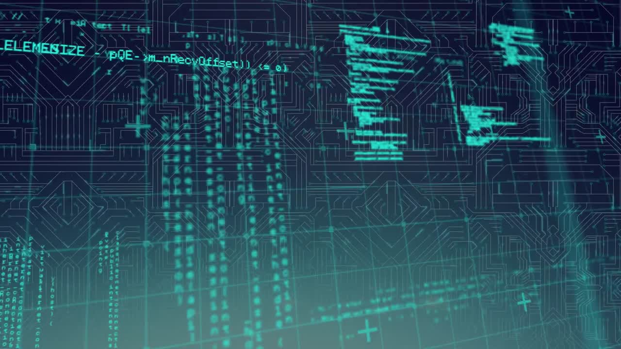 Digital animation of data processing against microprocessor connections on blue background