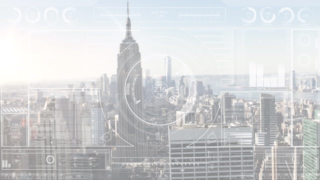 도시 풍경의 공중 전망에 대한 그래프와 함께 로딩 서클과 바의 애니메이션