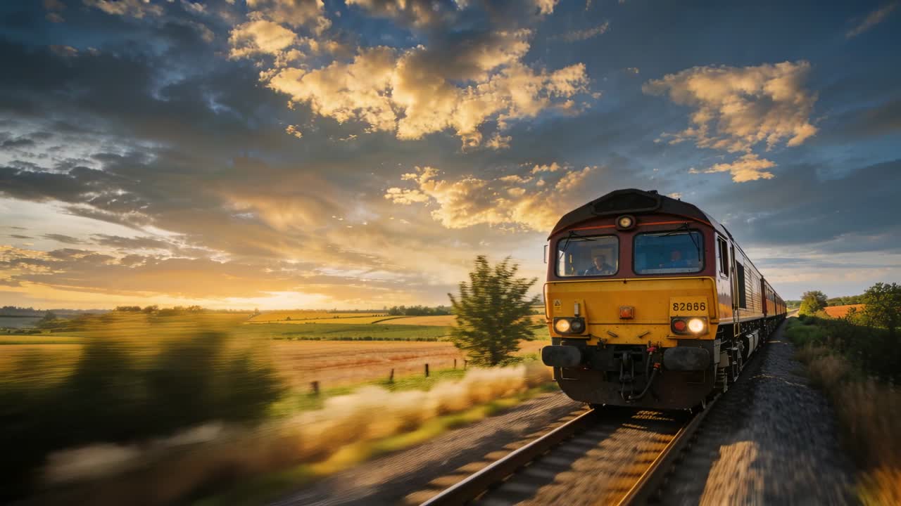 Motore diesel in avviamento che trascina vagoni ferroviari lungo il binario attraverso i campi al tramonto, luci accese, spazio per il testo
