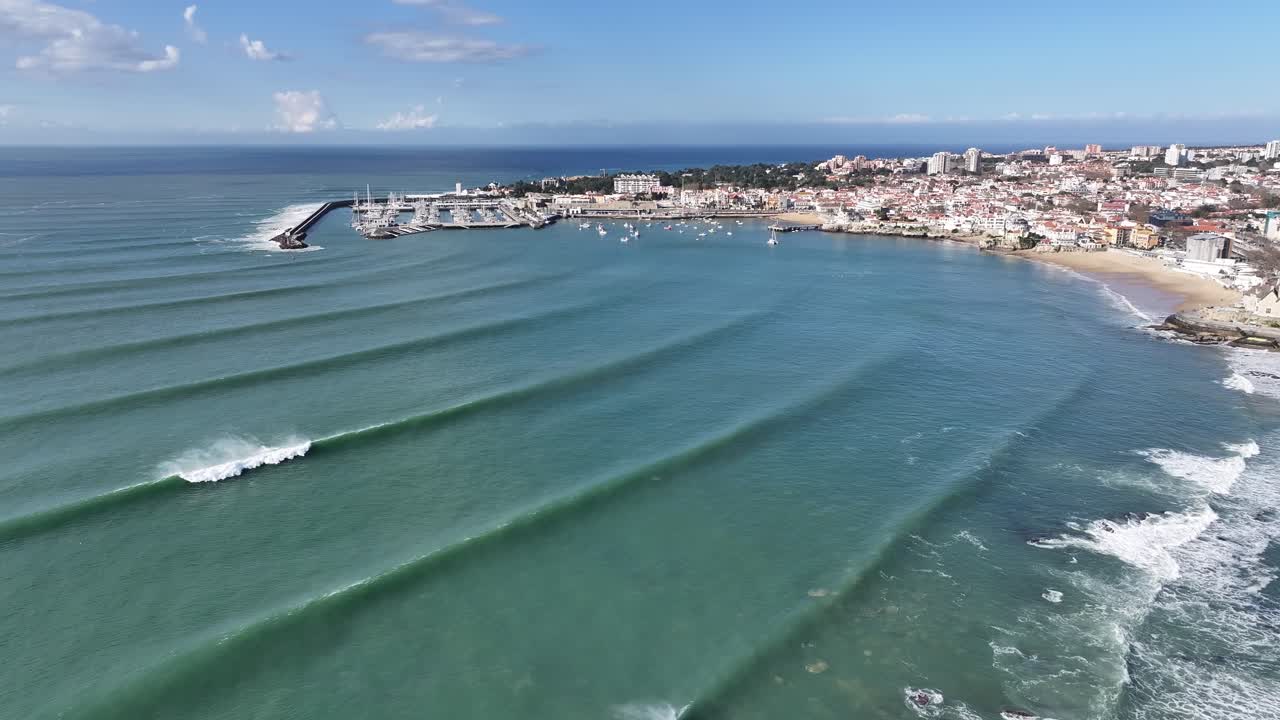 Sea Unrest At Cascais In Lisbon District Portugal. Beach Landscape. Tourism Landmark. Maritime Agitation Aerial View. Sea Unrest At Cascais In Lisbon District Portugal