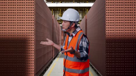 side view of wondering asian male engineer with safety helmet saying why working doubtfully with red brick packed in stacks are stored