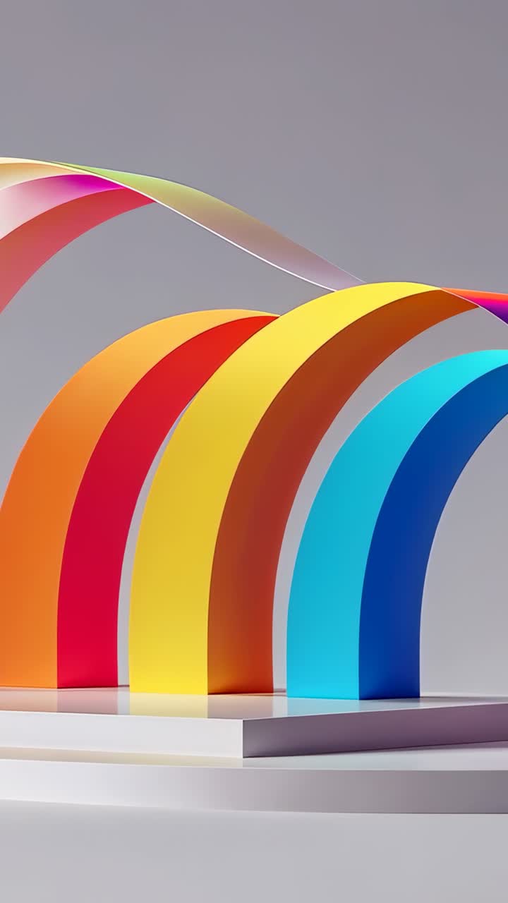 Vertical video: Camera zooming over rainbow arches in plain studio, with undulating gradient ribbon
