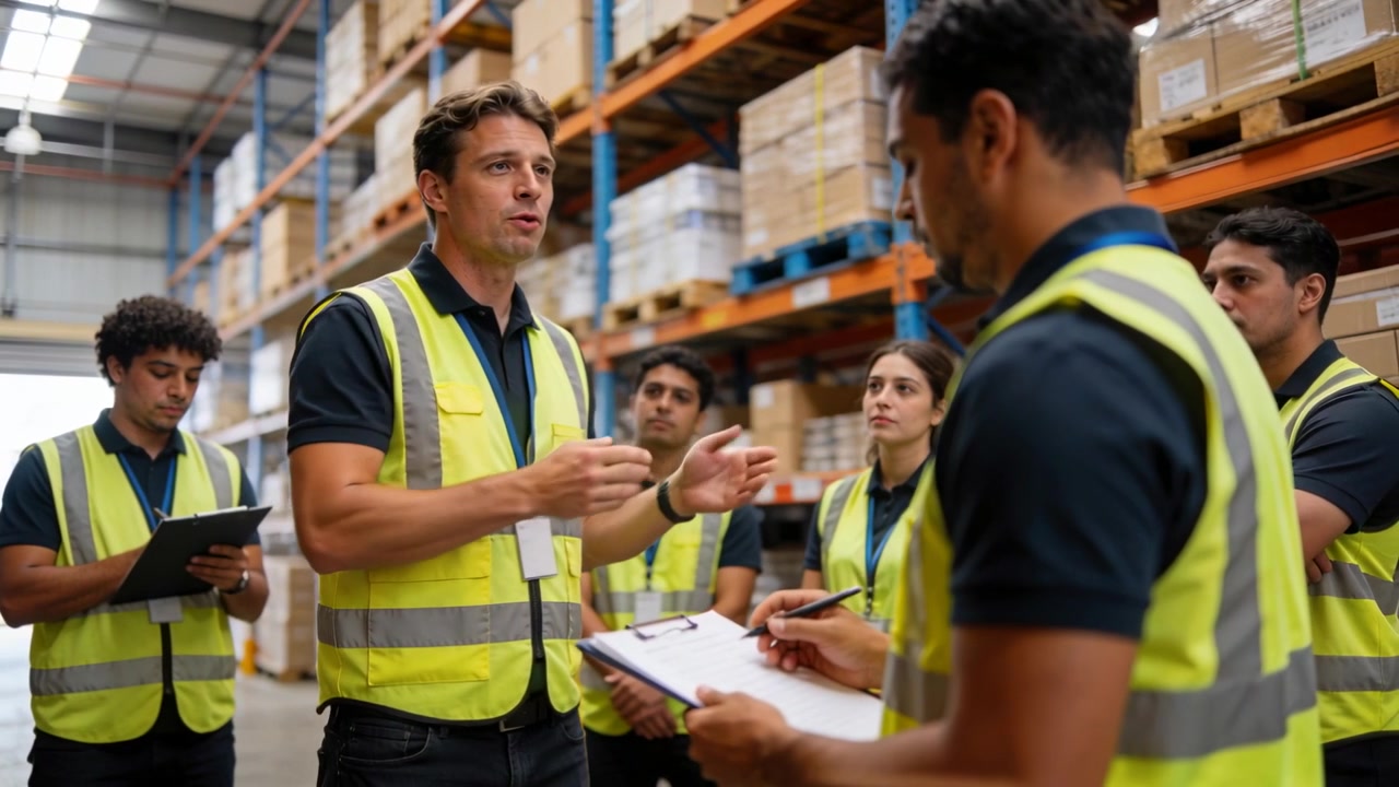 Calling staff, lead in hi-vis briefing at warehouse, assigning tasks while crew writing clipboards