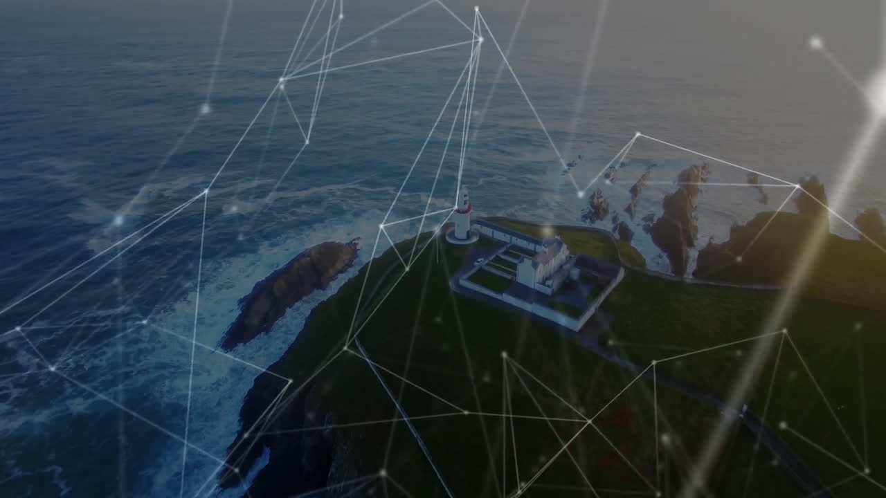 Coastal landscape with lighthouse overlayed by data processing network animation