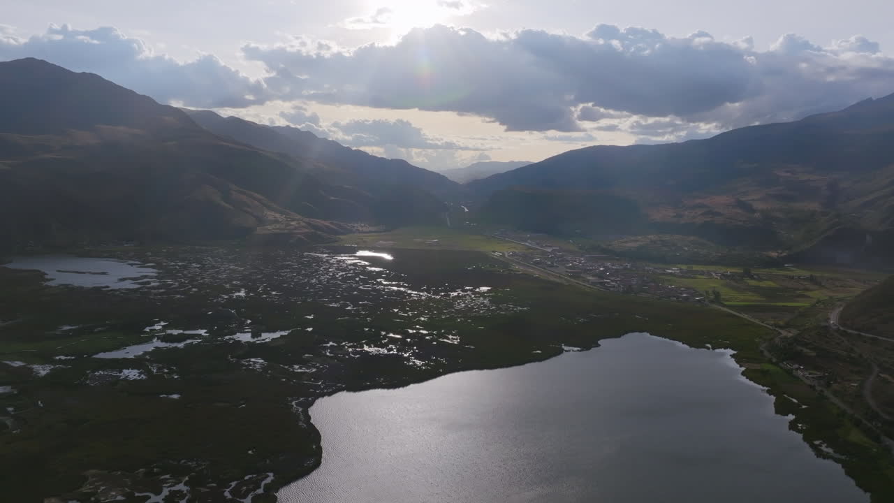 Panoramic Mountain Valley with Lake and Wetlands at Sunset
