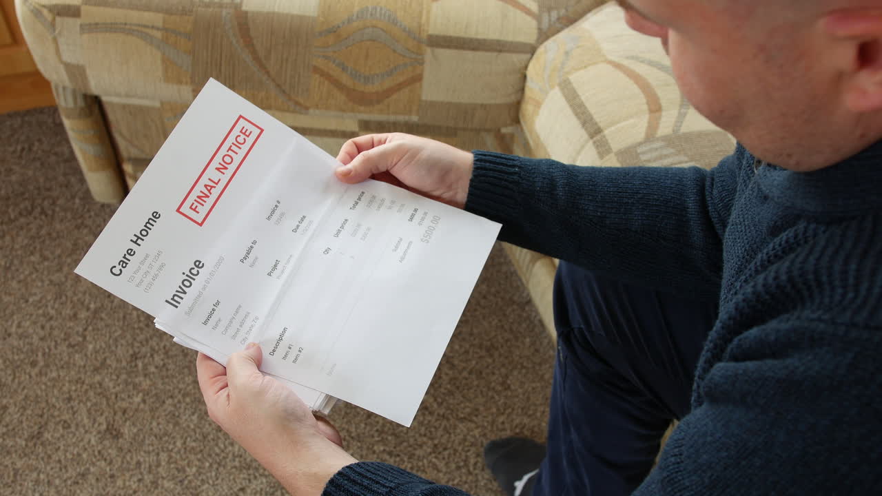 un hombre está abriendo una carta de deuda en casa
