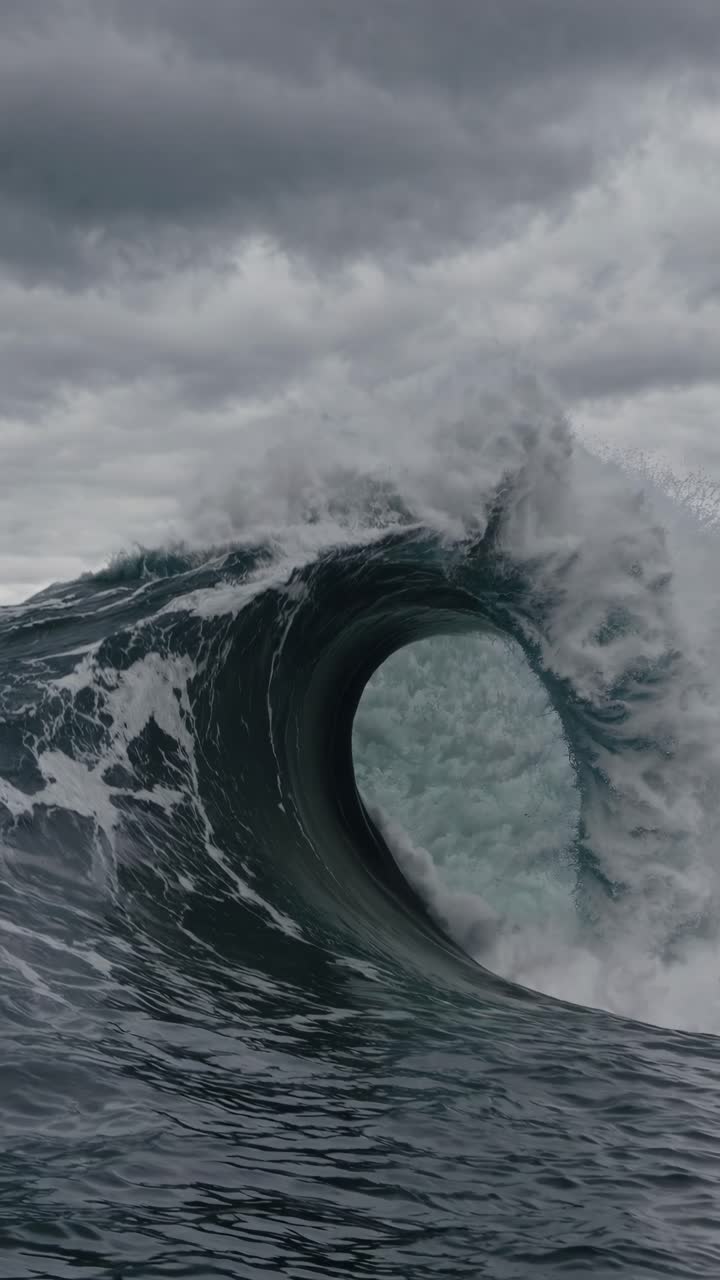Dramatic low-angle shot of a massive ocean wave curling under a stormy sky, capturing the raw power