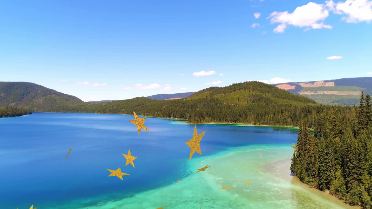 Turquoise lake being animated in flat design scene, with rolling evergreen hills and golden stars