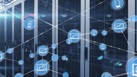 animation of network of connections with icons over computer servers