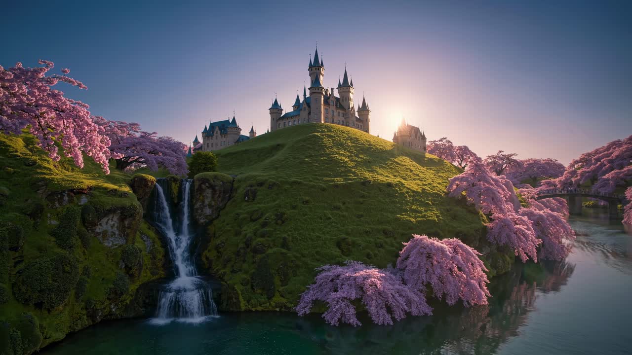 Castello incantevole in cima a una collina con fiori di ciliegio e cascata, catturato in un'inquadratura grandangolare.