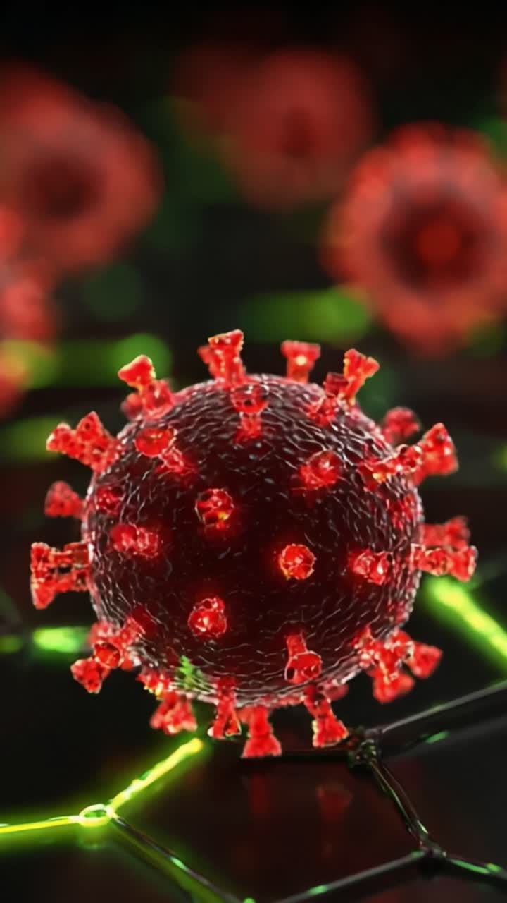 Visualizzazione complessa di un virus microscopico, che ne evidenzia la struttura e le caratteristiche con colori vivaci su uno sfondo ispirato alla tecnologia