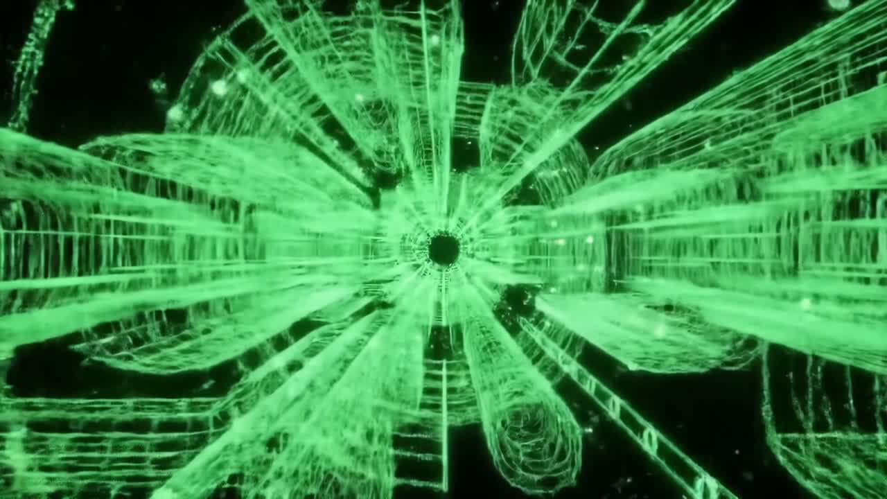 A Stunning Visualization of a Luminous Green Digital Space, Featuring Intricate Patterns and Complex Structures Evoking a Sci-Fi Atmosphere