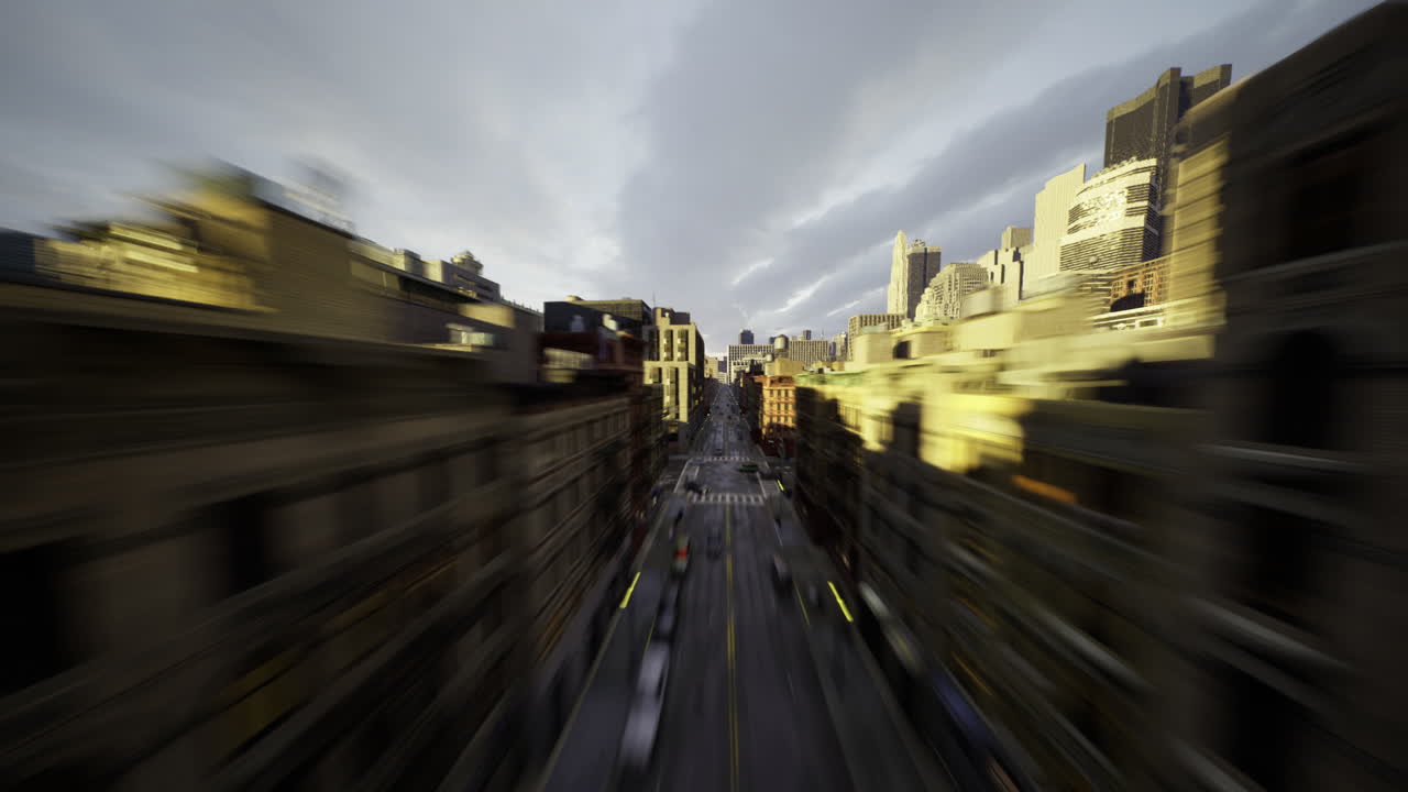 horizonte de la ciudad capturado durante el crepúsculo con efecto de movimiento borroso