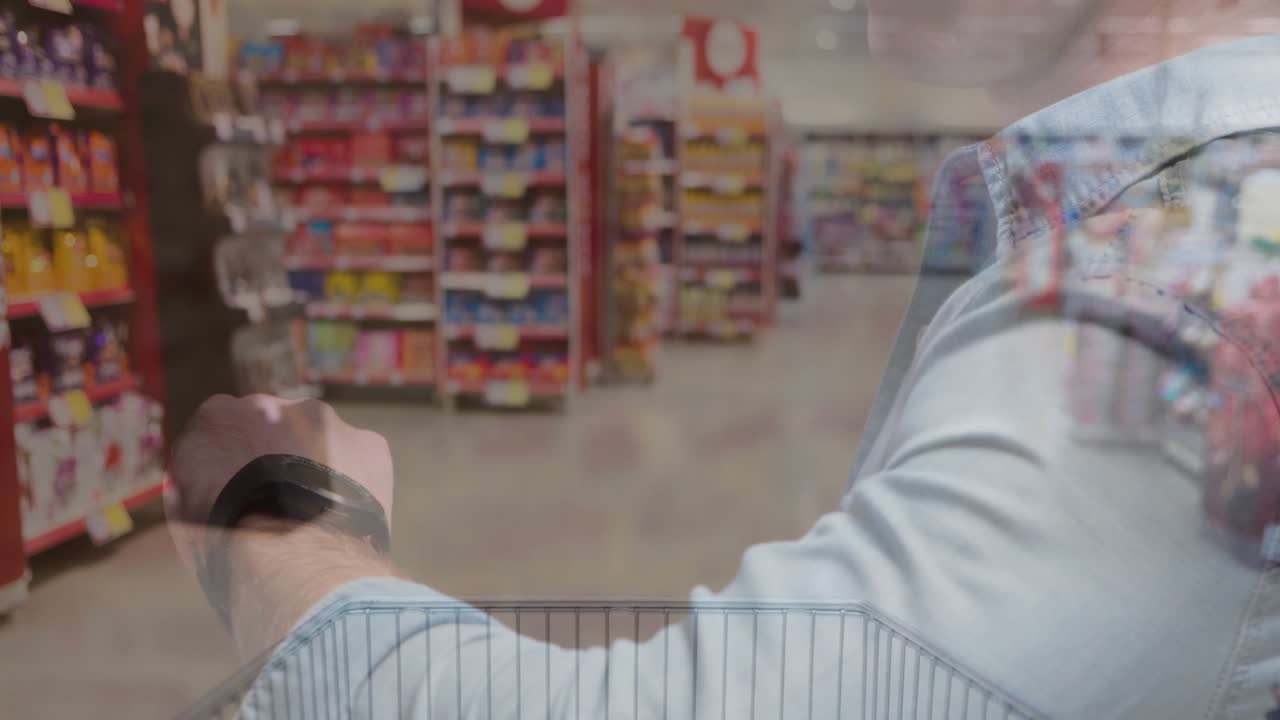Shopper pushing cart checking watch initiating budget charts animating over aisle while using phone