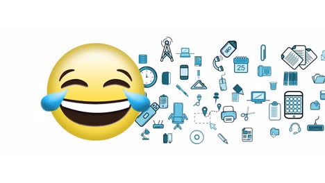 Animation-of-laughing-and-office-equipment-emoji-icons-over-white-background