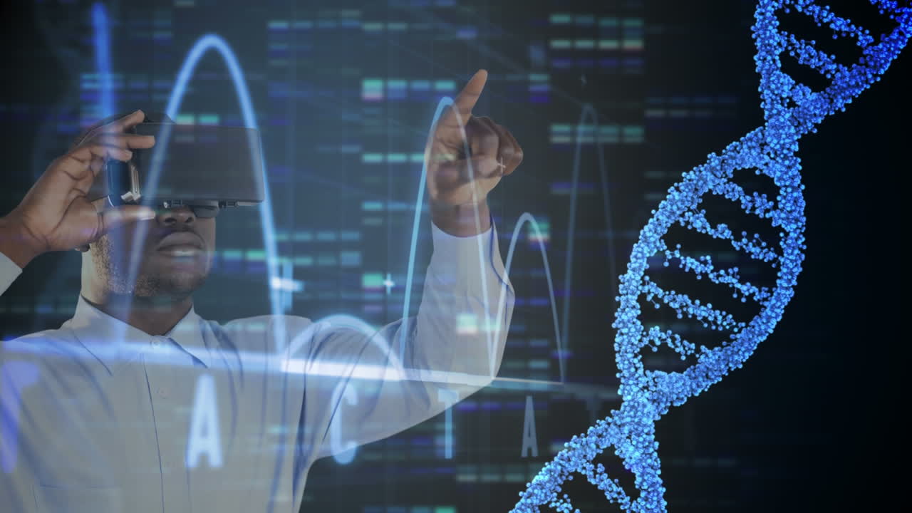 Using virtual reality, person interacting with DNA strand and scientific data