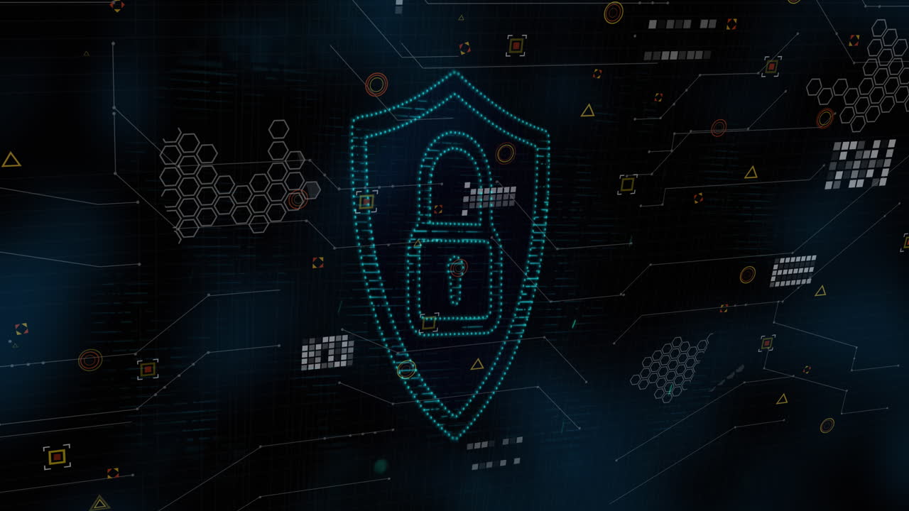 Animation of shield with padlock icon and data processing on black background