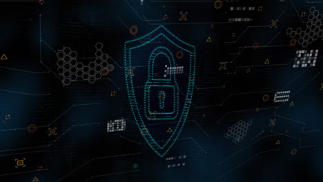 animation of shield with padlock icon and data processing on black background