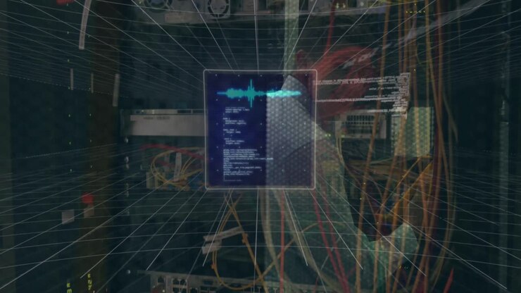 Animation of interface with data processing against caucasian male engineer working at server room