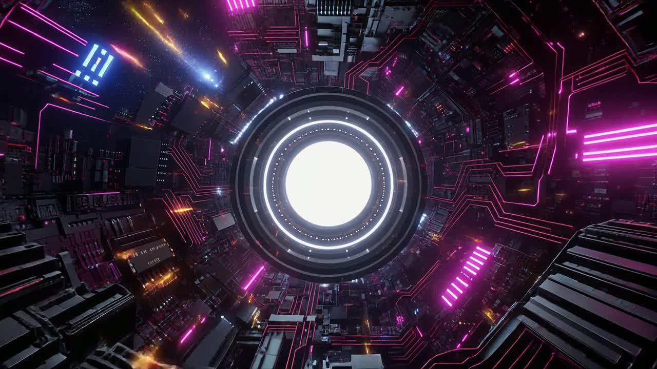 Flying Through a Futuristic Digital Tunnel with Neon Lights