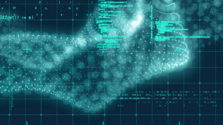 Animation of shapes with light spots over data processing on black background