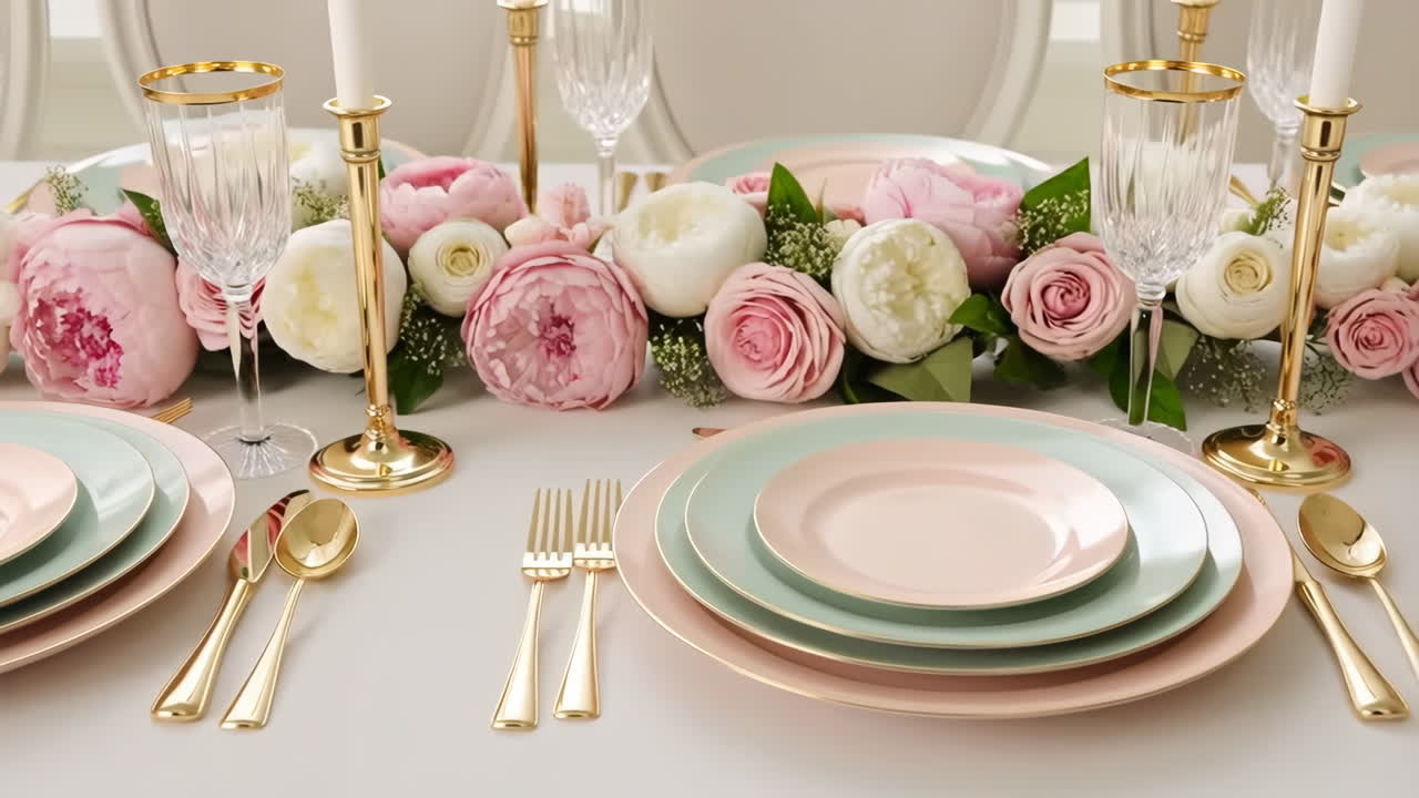 Elegant Table Setting with Pastel Floral Arrangements and Gold Accents