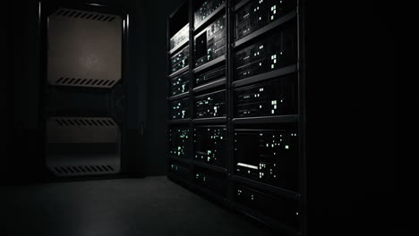 high tech server room with illuminated racks during nighttime operation