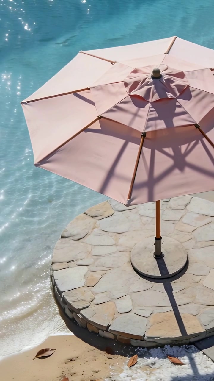Video verticale: Brezza leggera che agita le onde, ombrellone rosa su base di pietra, foglie che si spostano