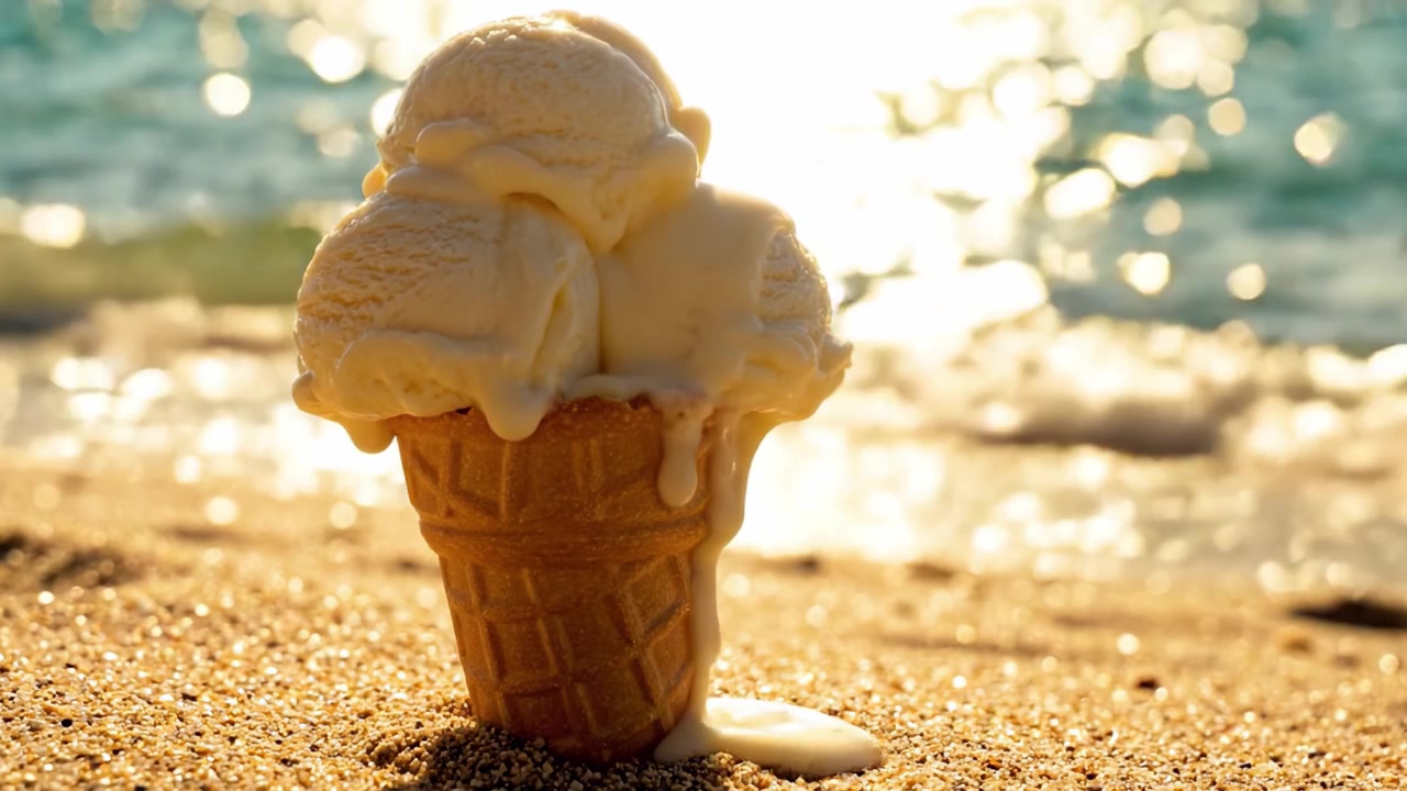 Schmelzende Eistüte am Strand: Eine süße Leckerei, die der Wärme von Sonnenlicht und Meer erliegt, festgehalten in einem atemberaubenden visuellen Moment